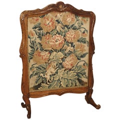 Antique Period Louis XV Walnut Wood and Tapestry Firescreen from France