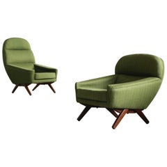 Pair of Danish Illum Wikkelso Style High and Low Lounge Chairs by Leif Hansen