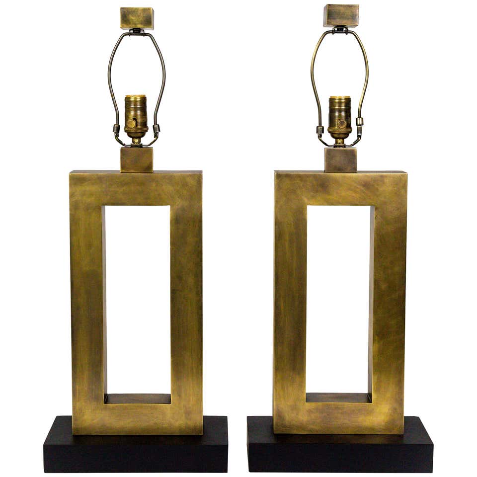 Rectangular Antiqued Brass Table Lamps, 'Pair' at 1stDibs