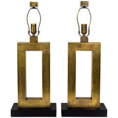 Rectangular Antiqued Brass Table Lamps, 'Pair'