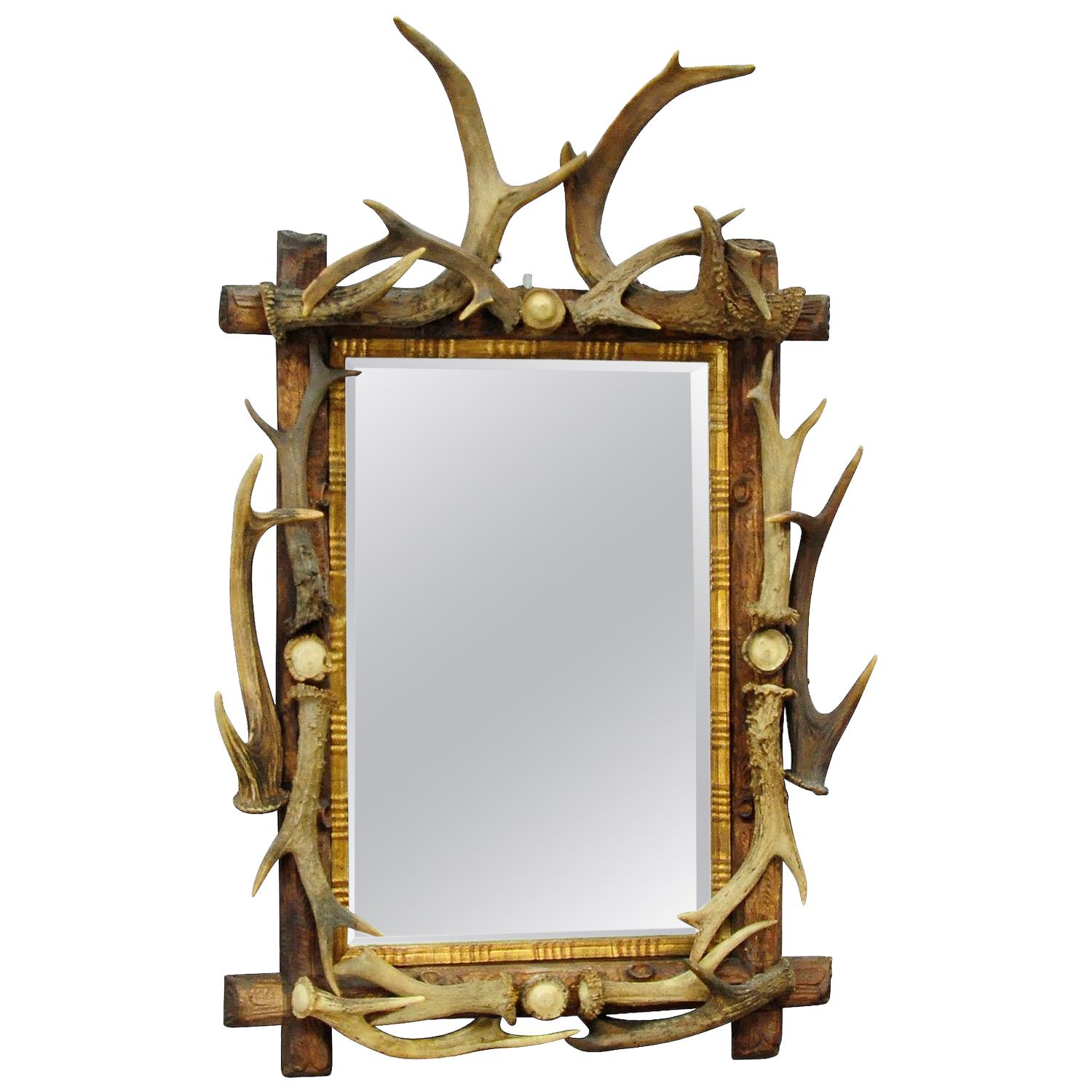 Antique Antler Frame with Rustic Antler Decorations and Mirror