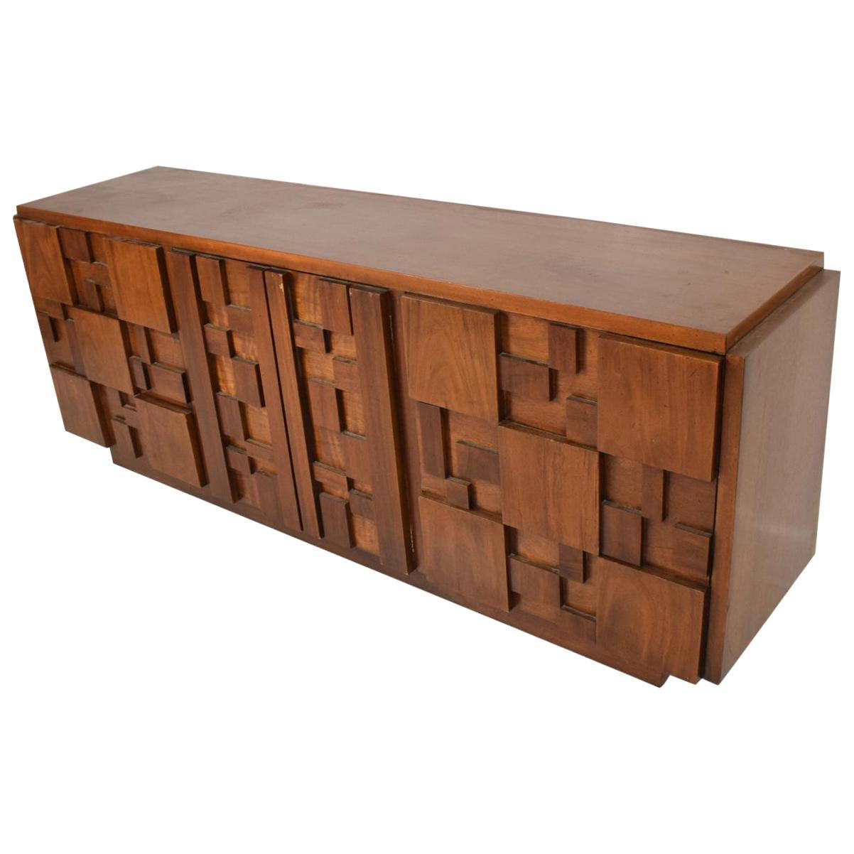Milo Baughman Mid-Century Modern Brutalist Dresser, Lane Patchwork Walnut Tiles