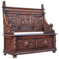 Late 19th Century Carved Oak Bench