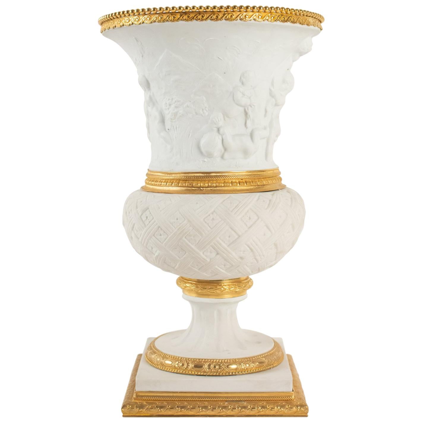 Medici Vase in Biscuit and Gilt Bronze, Early 20th Century Louis XVI Style