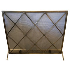 Large Mid Century Brass & Iron Mesh Fireplace Screen in Manner of Jean Royere