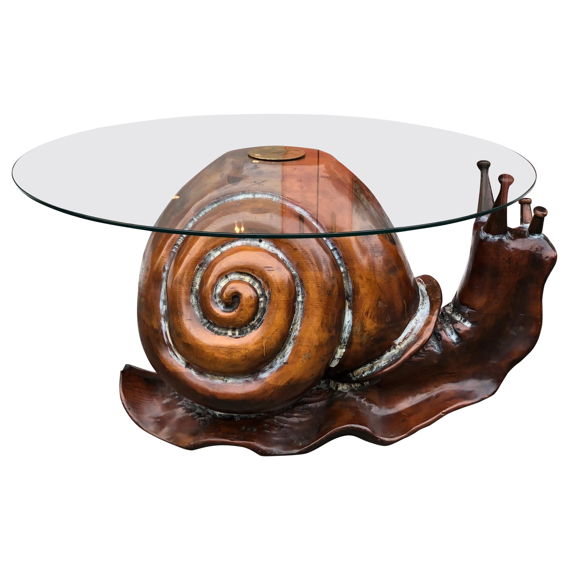 Whimsical Carved Wood Snail with Circular Glass Top