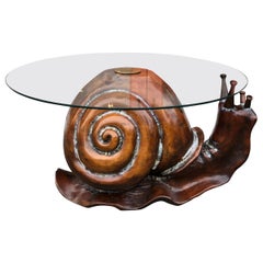 Vintage Whimsical Carved Wood Snail with Circular Glass Top