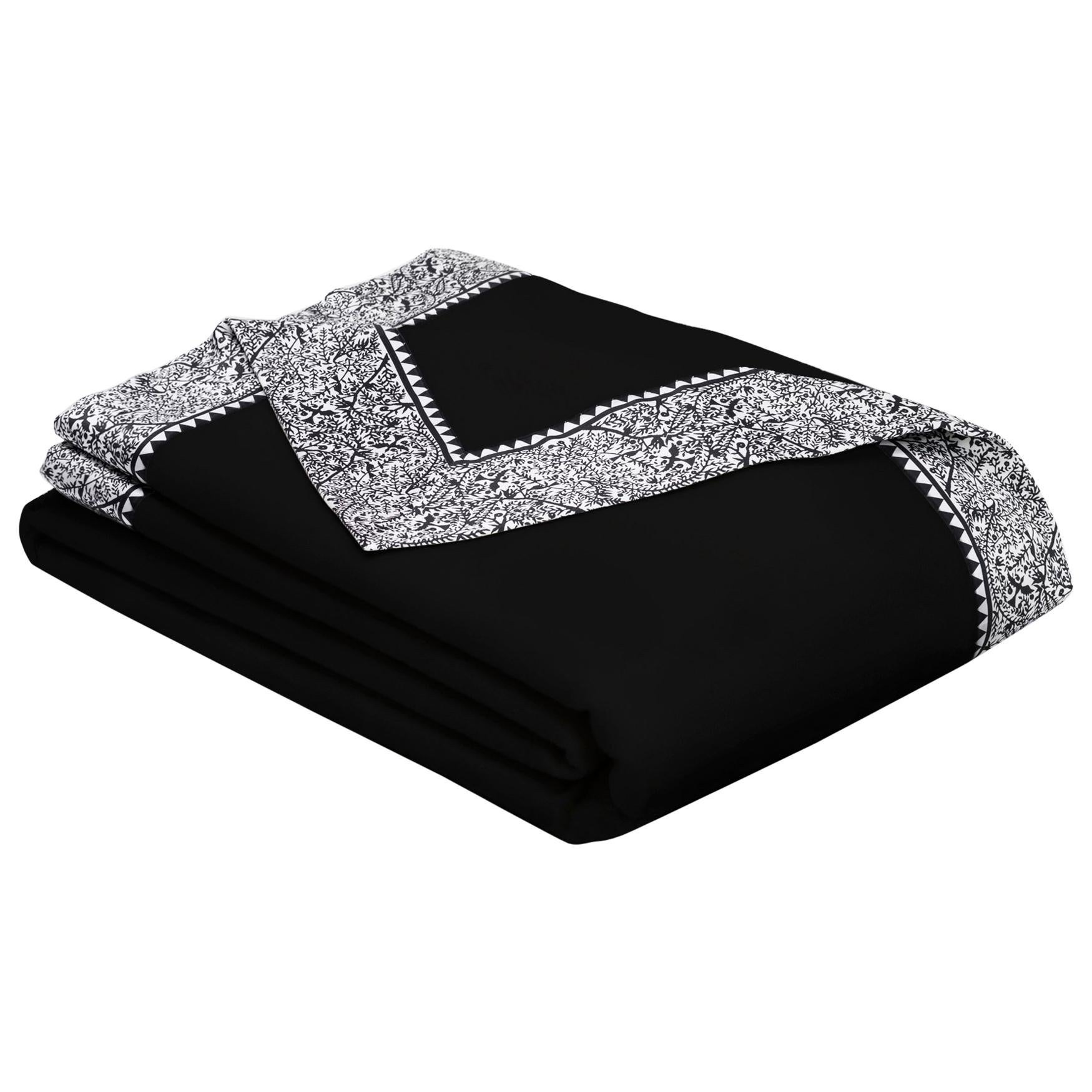 Merino Black King Size Blanket with Grey Print Border by JG SWITZER For Sale