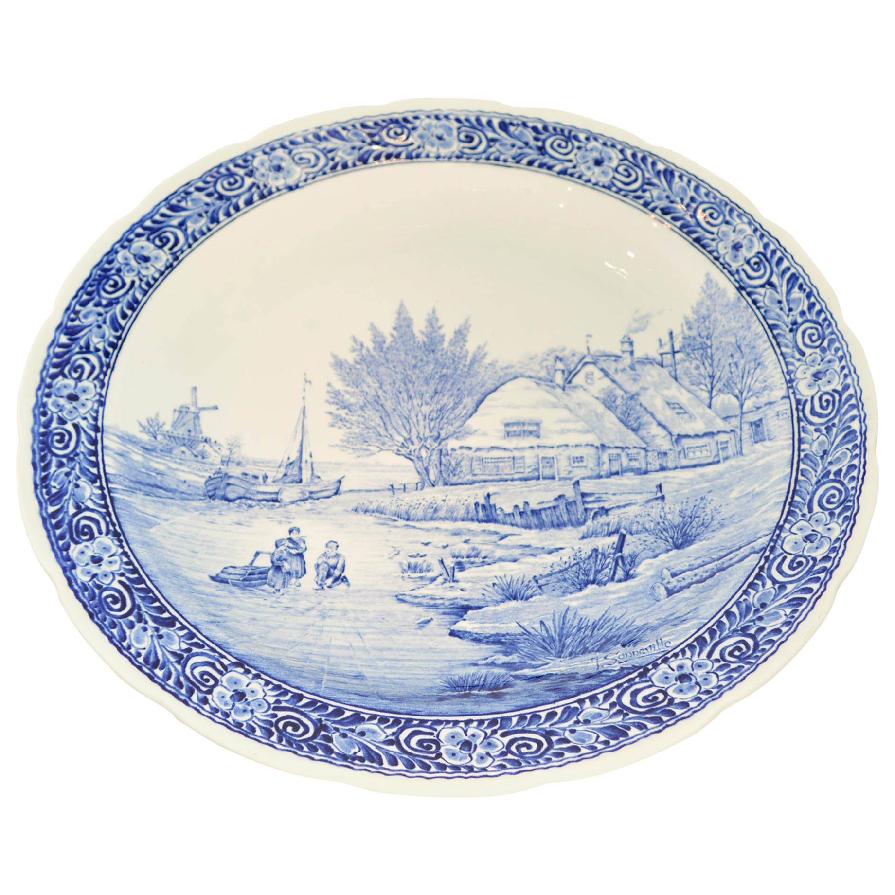 Dutch Hand Painted Boch Delft Platter Country Waterway Scene Blue/White