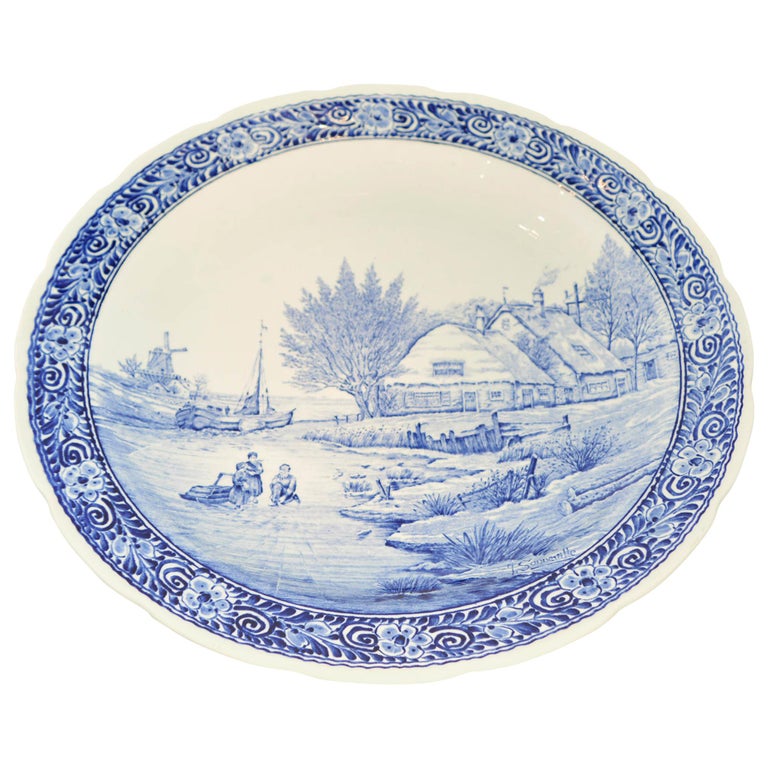 Dutch Hand Painted Boch Delft Platter Country Waterway Scene Blue/White ...