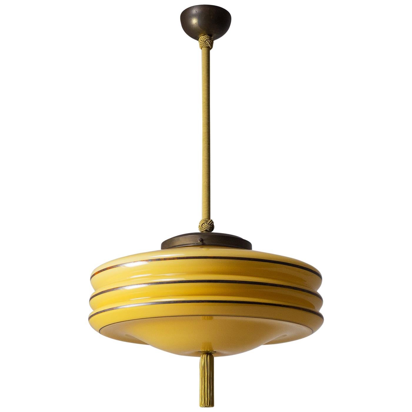 Art Deco Pendant, circa 1930, Amber Glass, Silver Paint and Brass