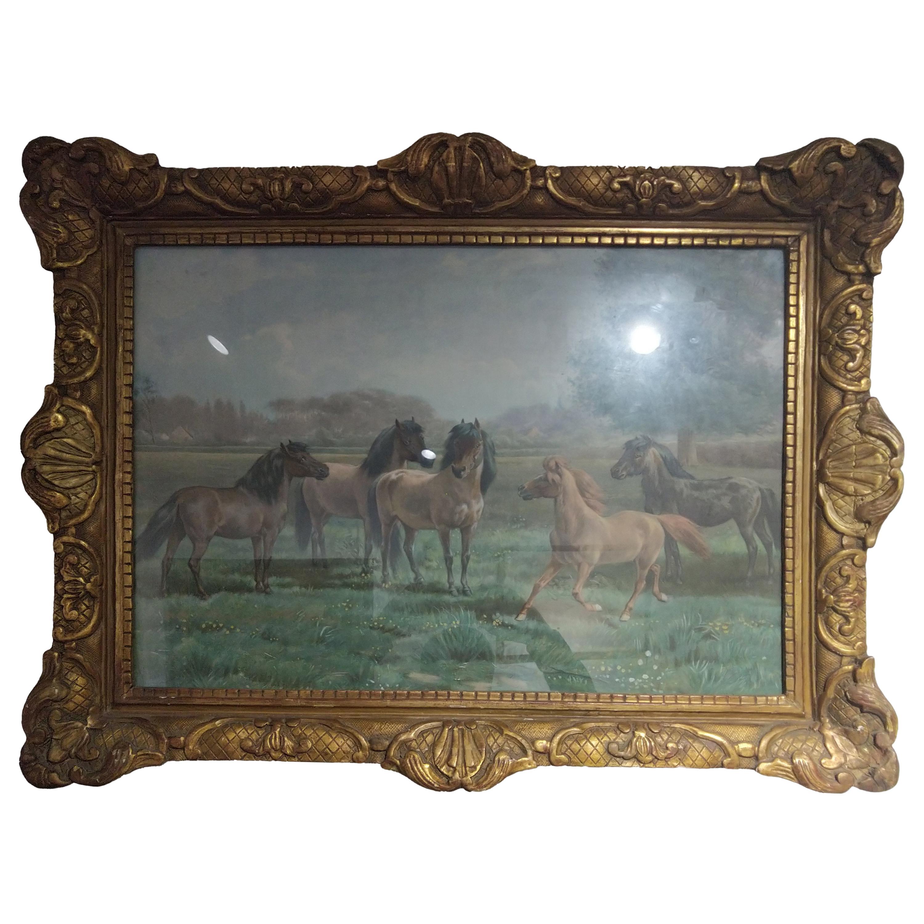 19th Century Napoleon III Watercolor on Canvas Horses Scene Signed LAST PRICE For Sale