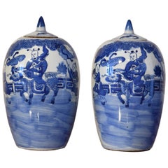 Pair of Chinese Porcelain Blue Lidded-Jars w/ Bats, Dragon-Horse & Rider, c 1880