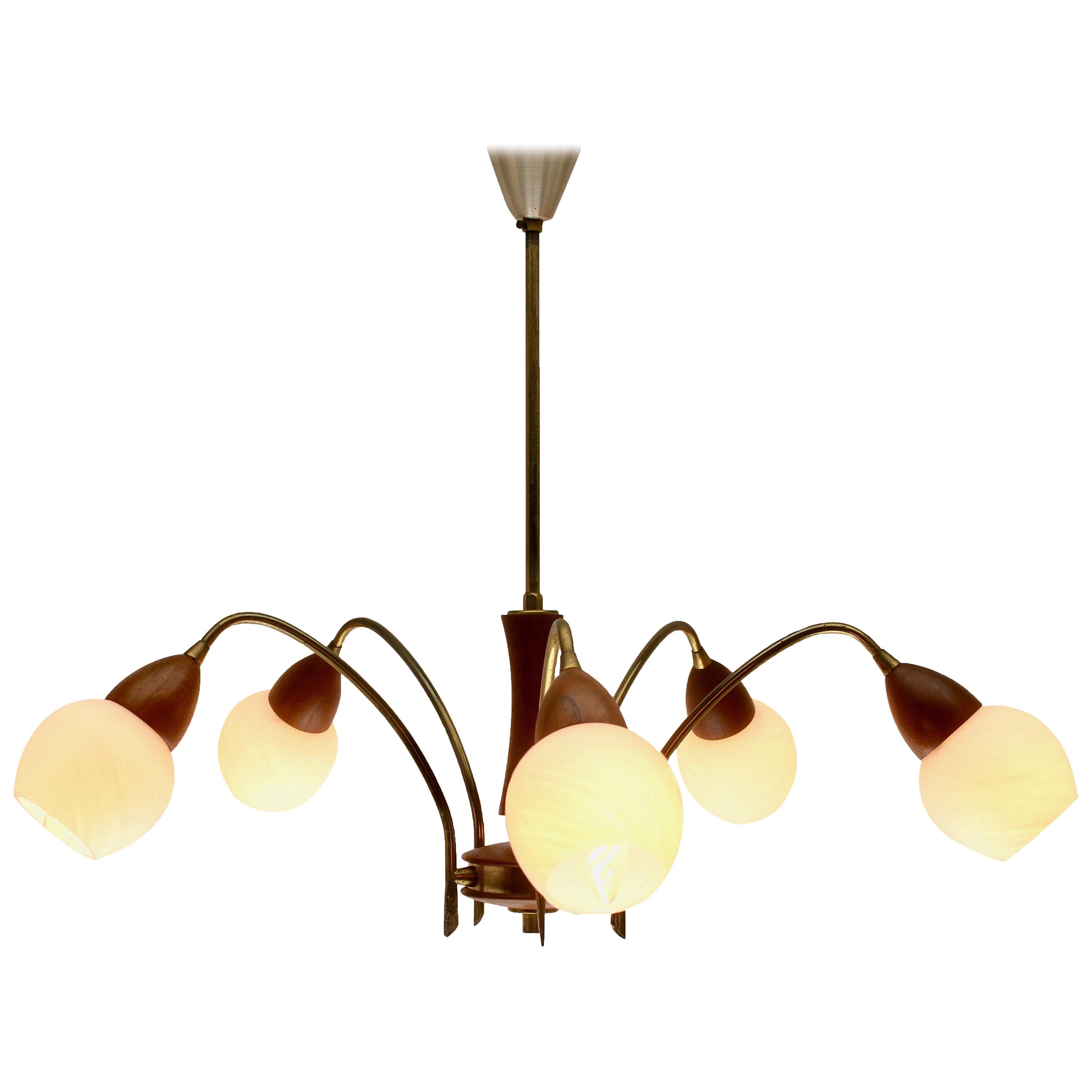 Vintage Chandelier Six Arms in the Style of Stilnovo, Brass and Wood, Italian