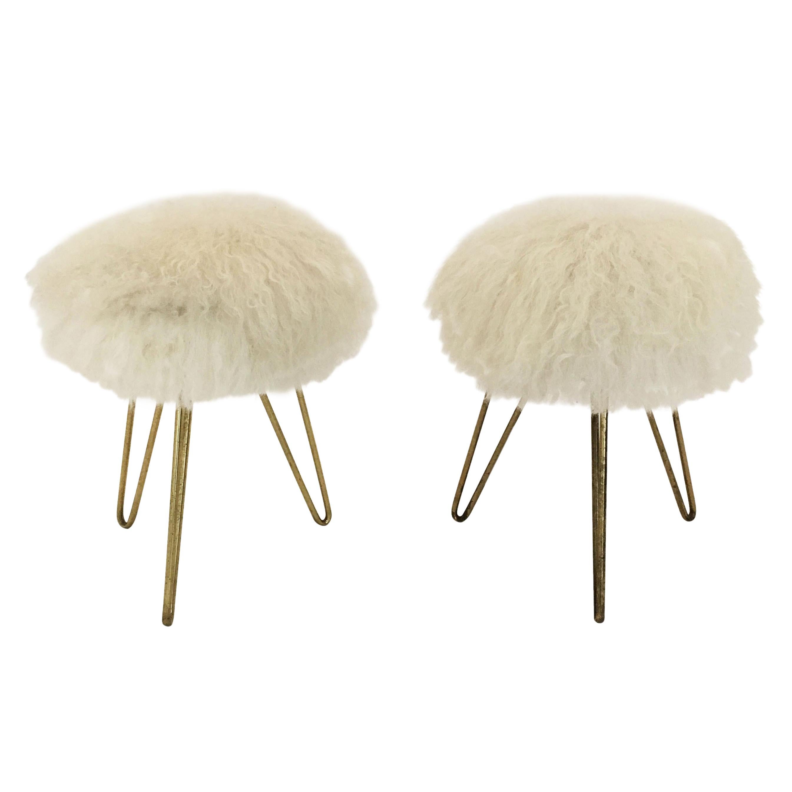 Pair of Sheep Fur Stools, France, 1950s For Sale