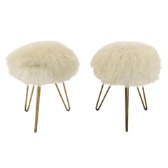 Vintage Pair of Sheep Fur Stools, France, 1950s