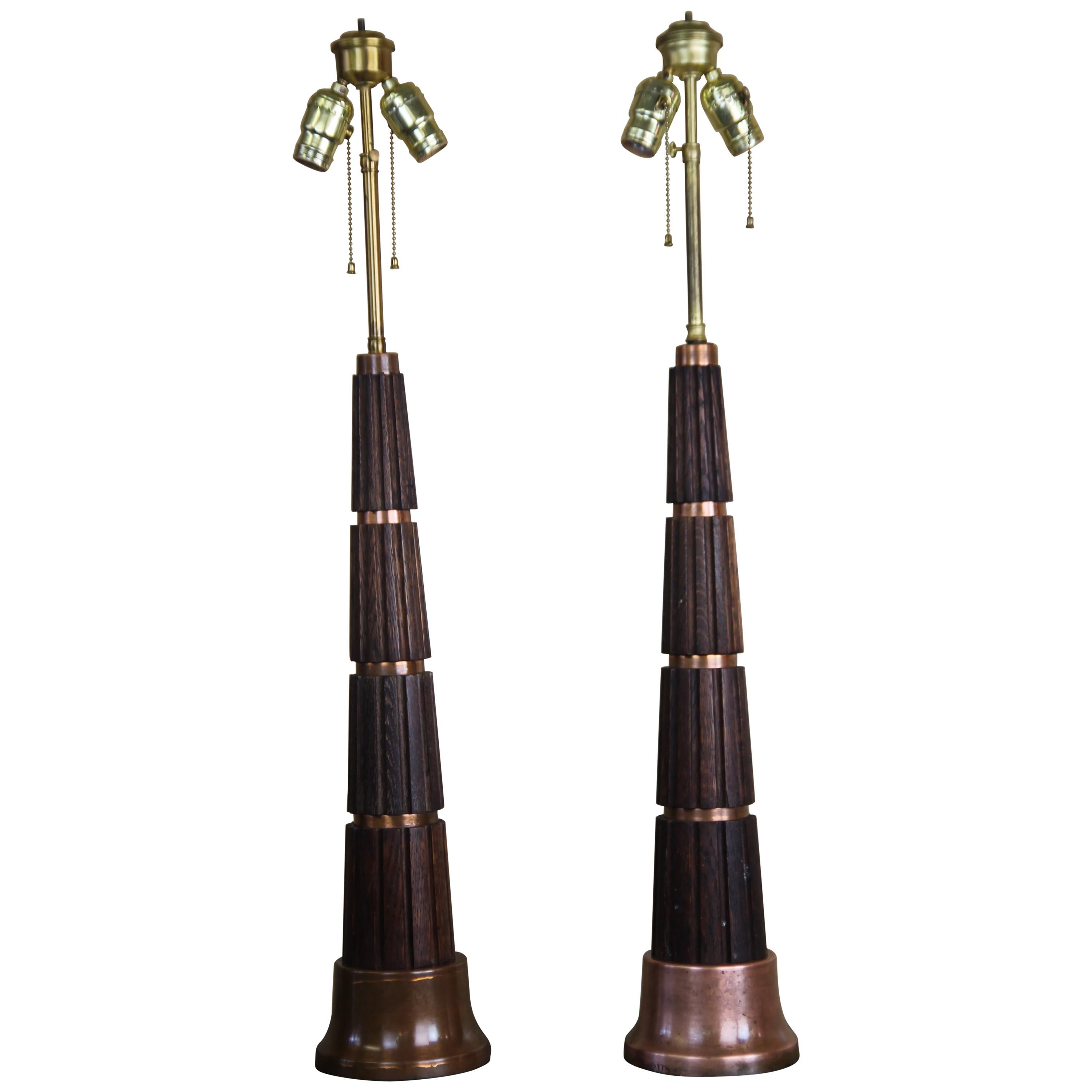 Stunning Pair of Oak and Copper Table Lamps 