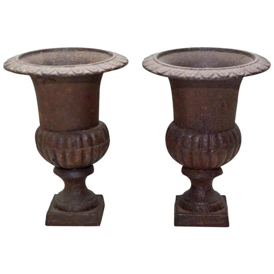 Pair of Small Cast Iron Victorian Style Urns For Sale