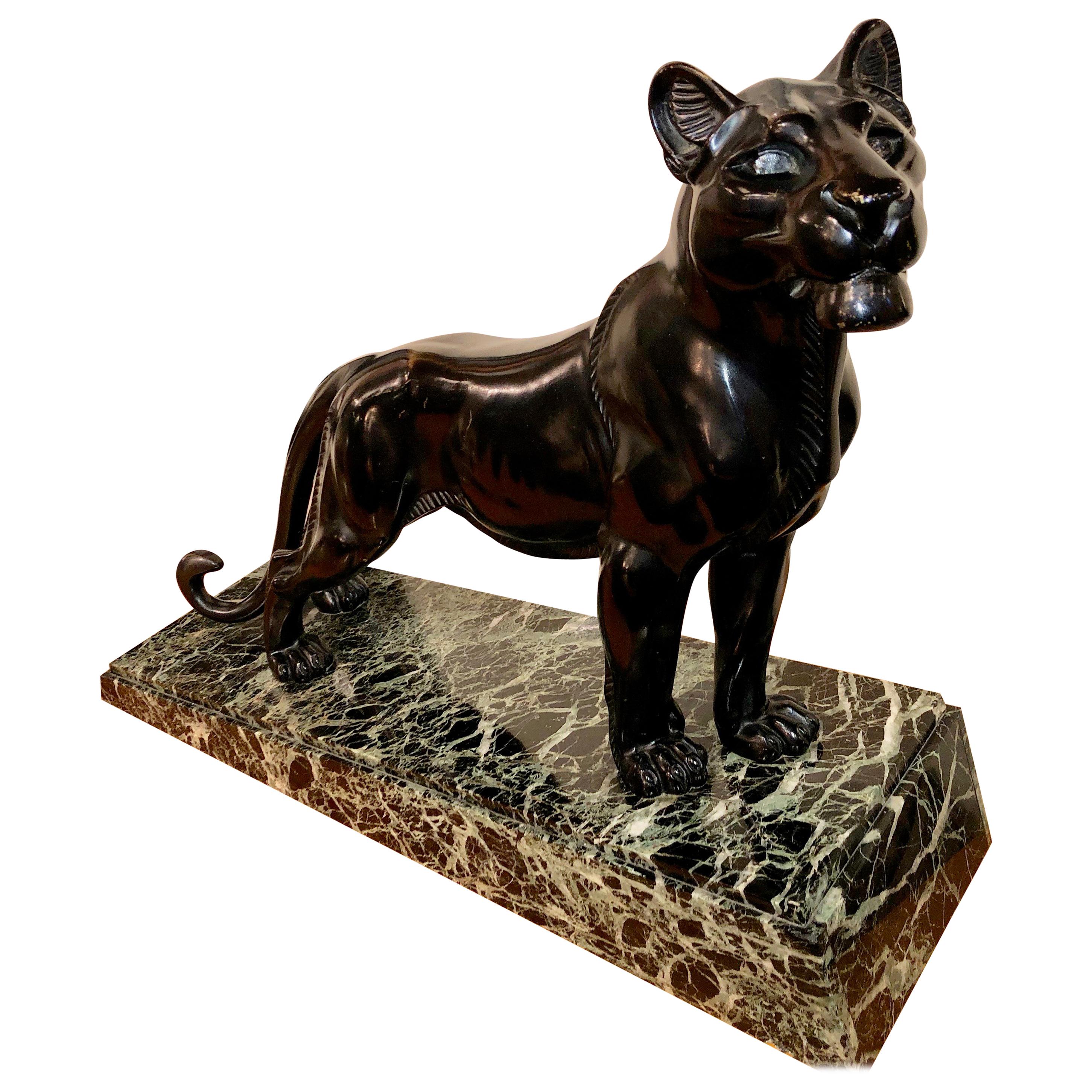 L. Carvin Black Panther Art Deco Bronze Sculpture For Sale