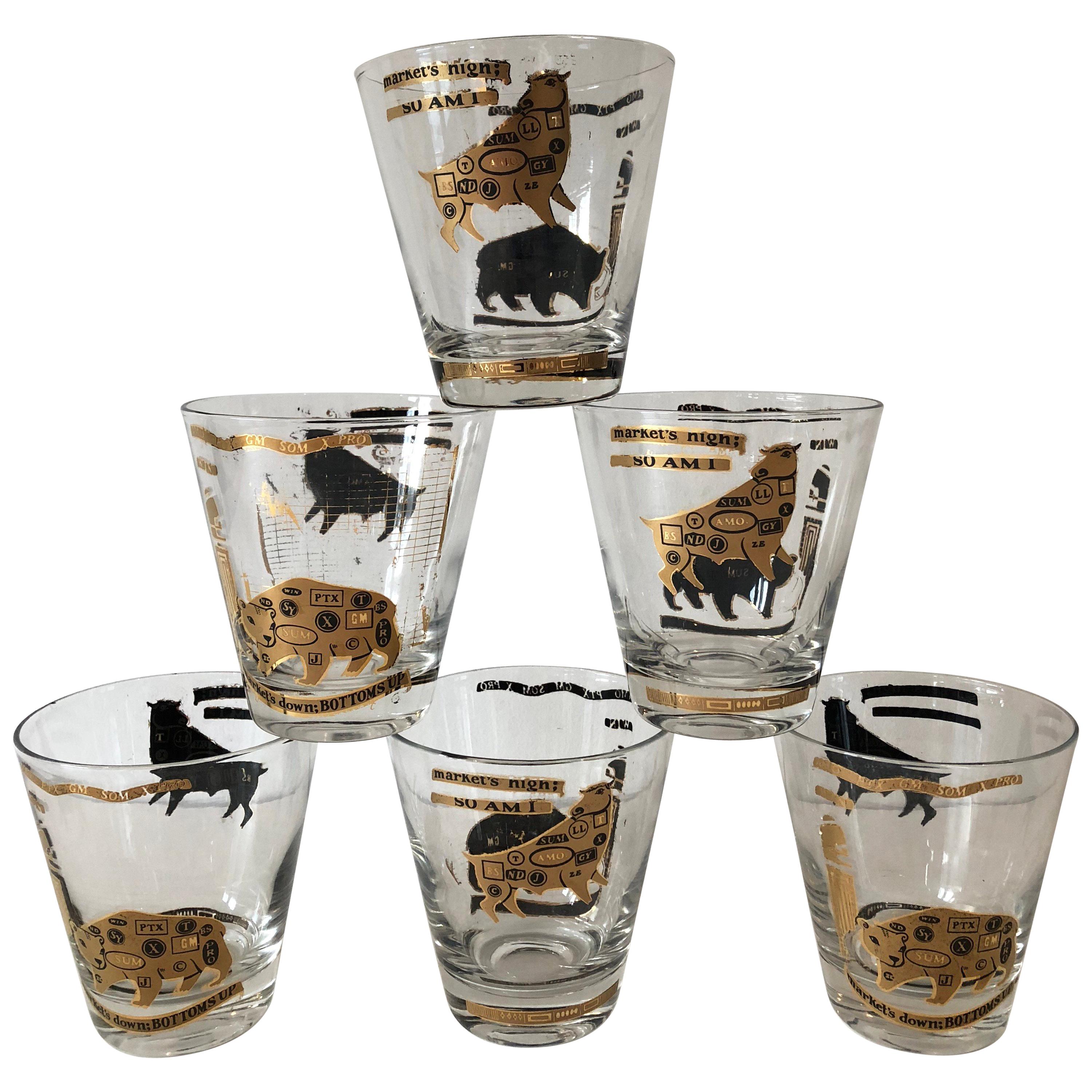 Set of Six Stock Market Themed Low Ball Glasses