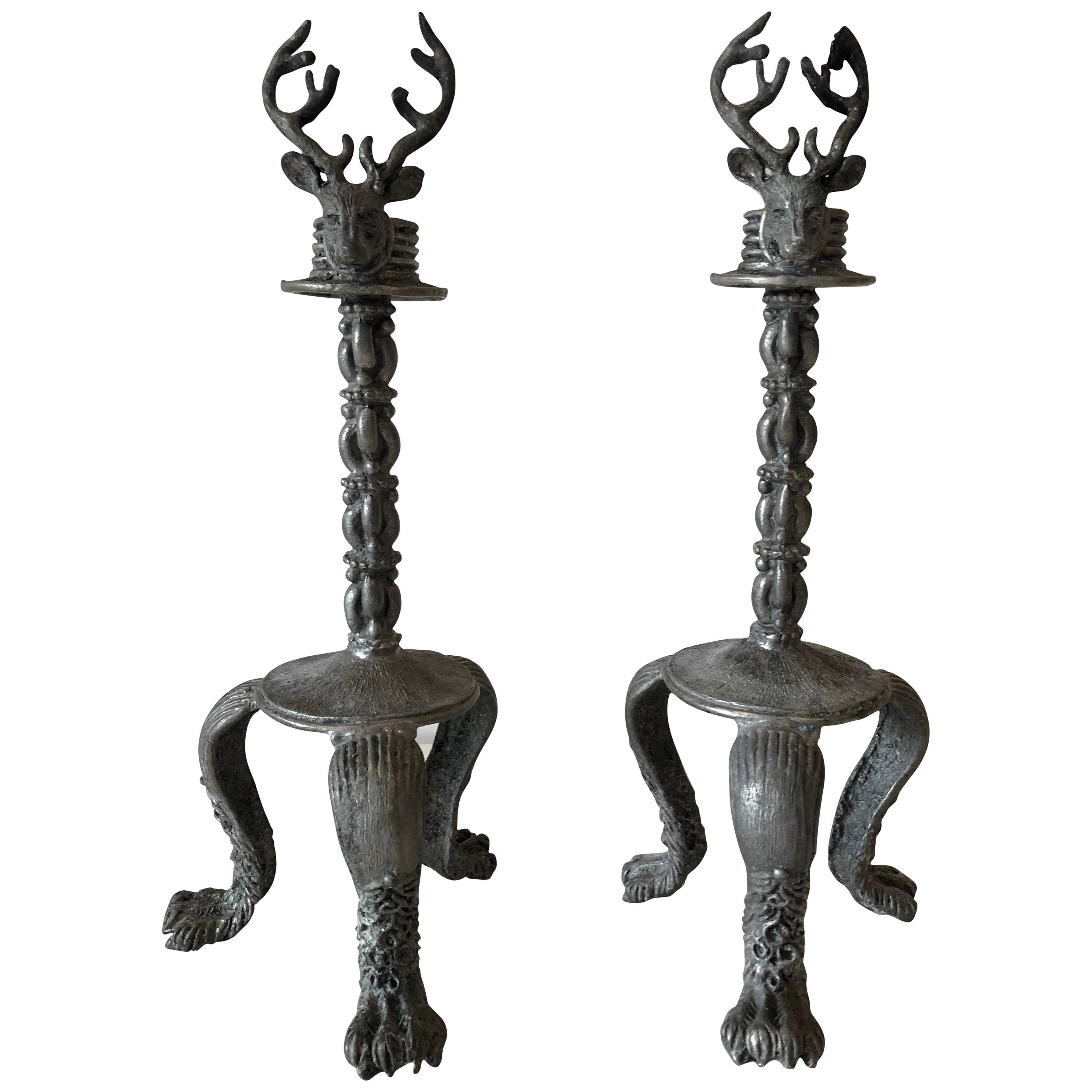 Pair of Pewter Stag Candlesticks