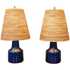 Pair of Lotte Bostlund Cobalt Blue Bedside Lamps with Original Fiberglass Shades