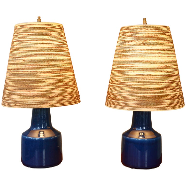 Pair of Lotte Bostlund Cobalt Blue Bedside Lamps with Original