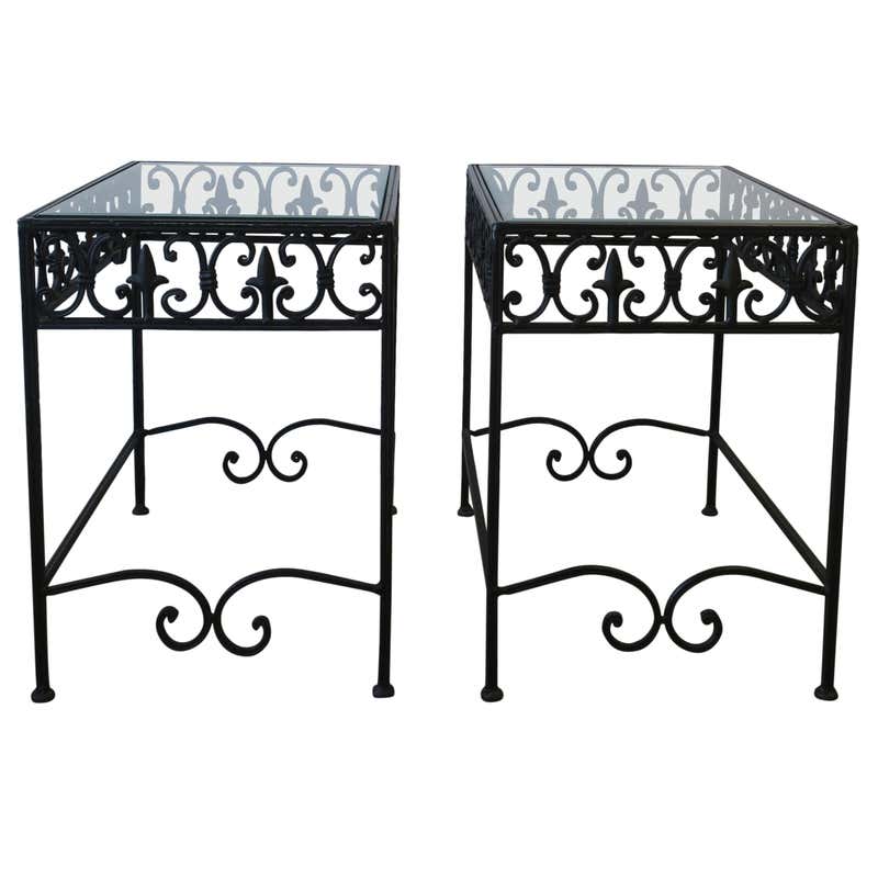 Black Metal and Glass Outdoor Patio End Tables, Pair For Sale at 1stDibs