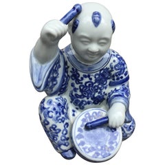 Retro 1970s, Chinoiserie Blue and White Porcelain Sculpture Baby Buddha with Drum