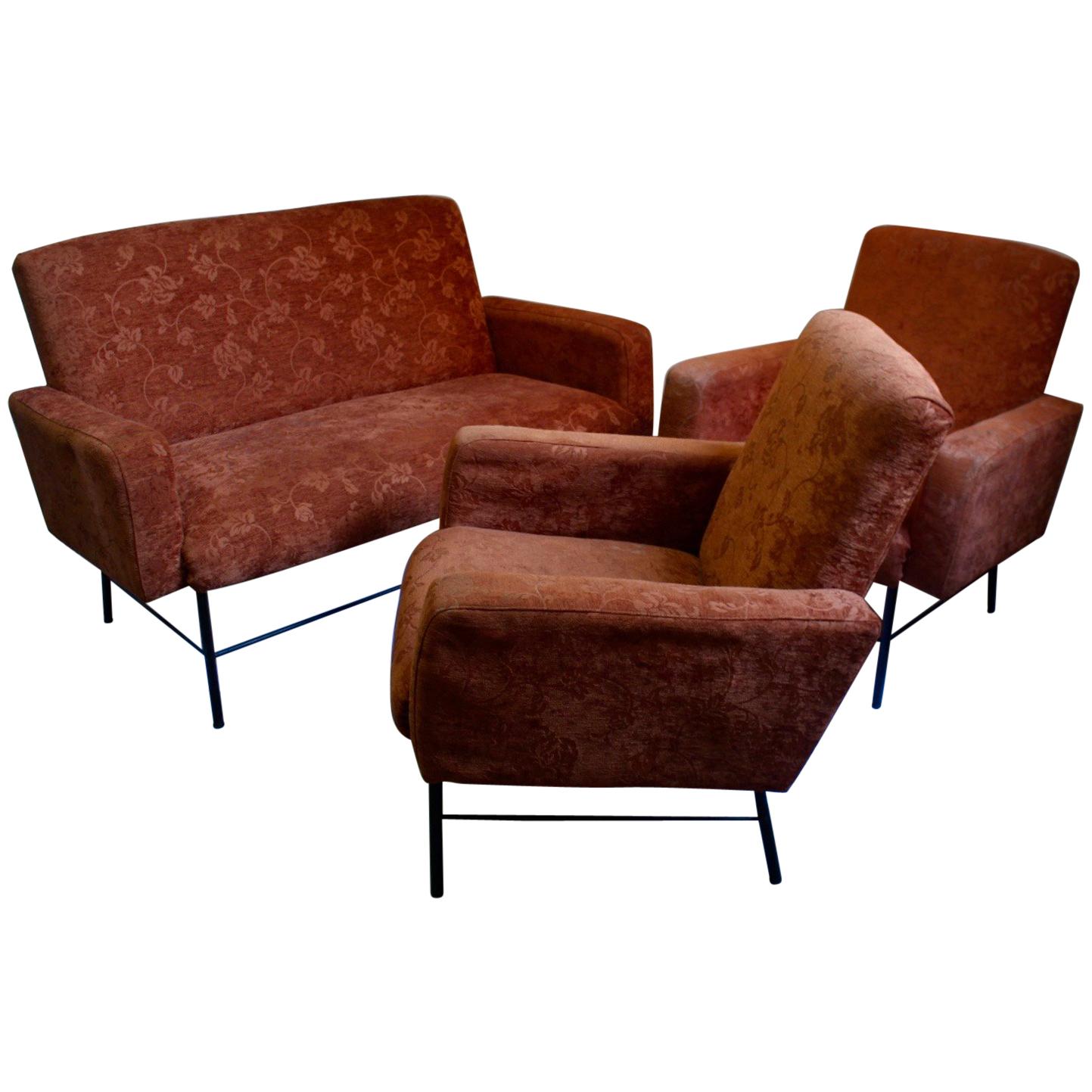   Midcentury Rationalist Living Room Lounge Armchair Set with Metal Legs, 1960s For Sale