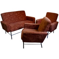 Midcentury Rationalist Living Room Lounge Armchair Set with Metal Legs, 1960s