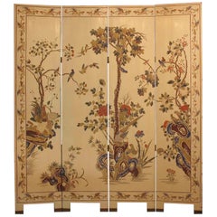 Antique Rare Chinese White and Polychromed Lacquer Four-Fold Screen, Early 20th Century