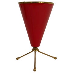 Cone Tripod Table Red Lamp in Brass and Lacquered Metal, Stilnovo, Italy, 1950s