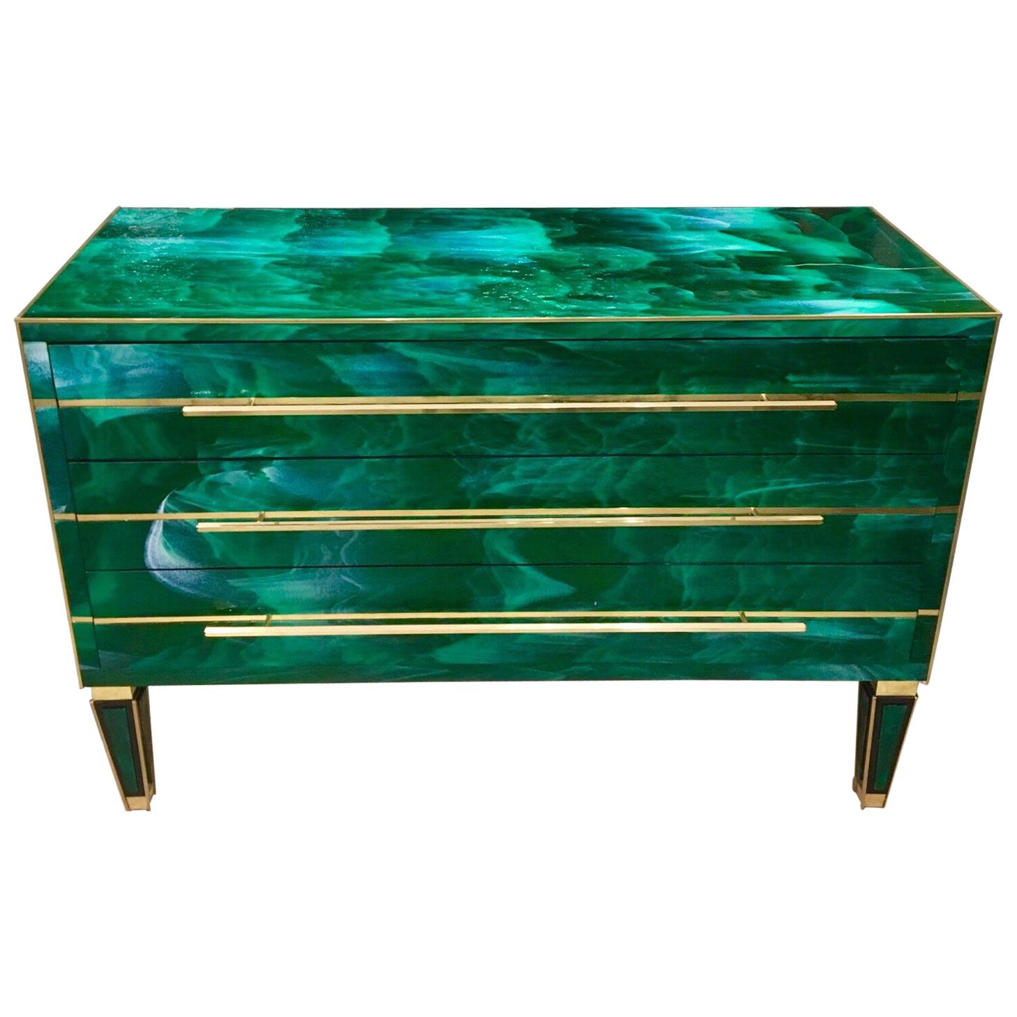 Green Malachite Effect Opaline Glass Chest of Drawers Brass Details, 1980s