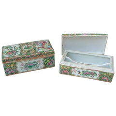 Used Pair of Canton Porcelain Boxes, 1900 Period