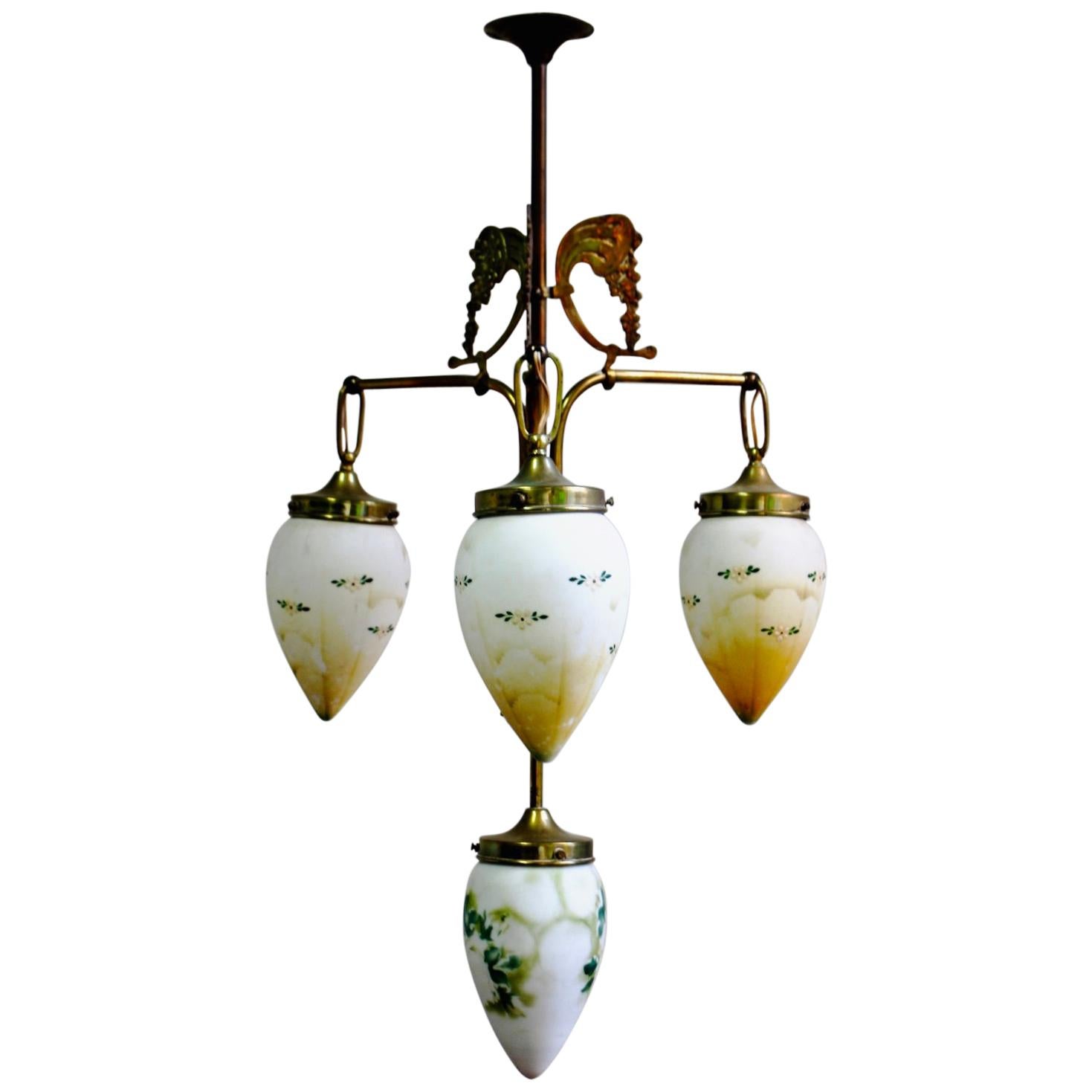 Antique Art Nouveau Brass Chandelier with Hand Painted Glass Shades For Sale