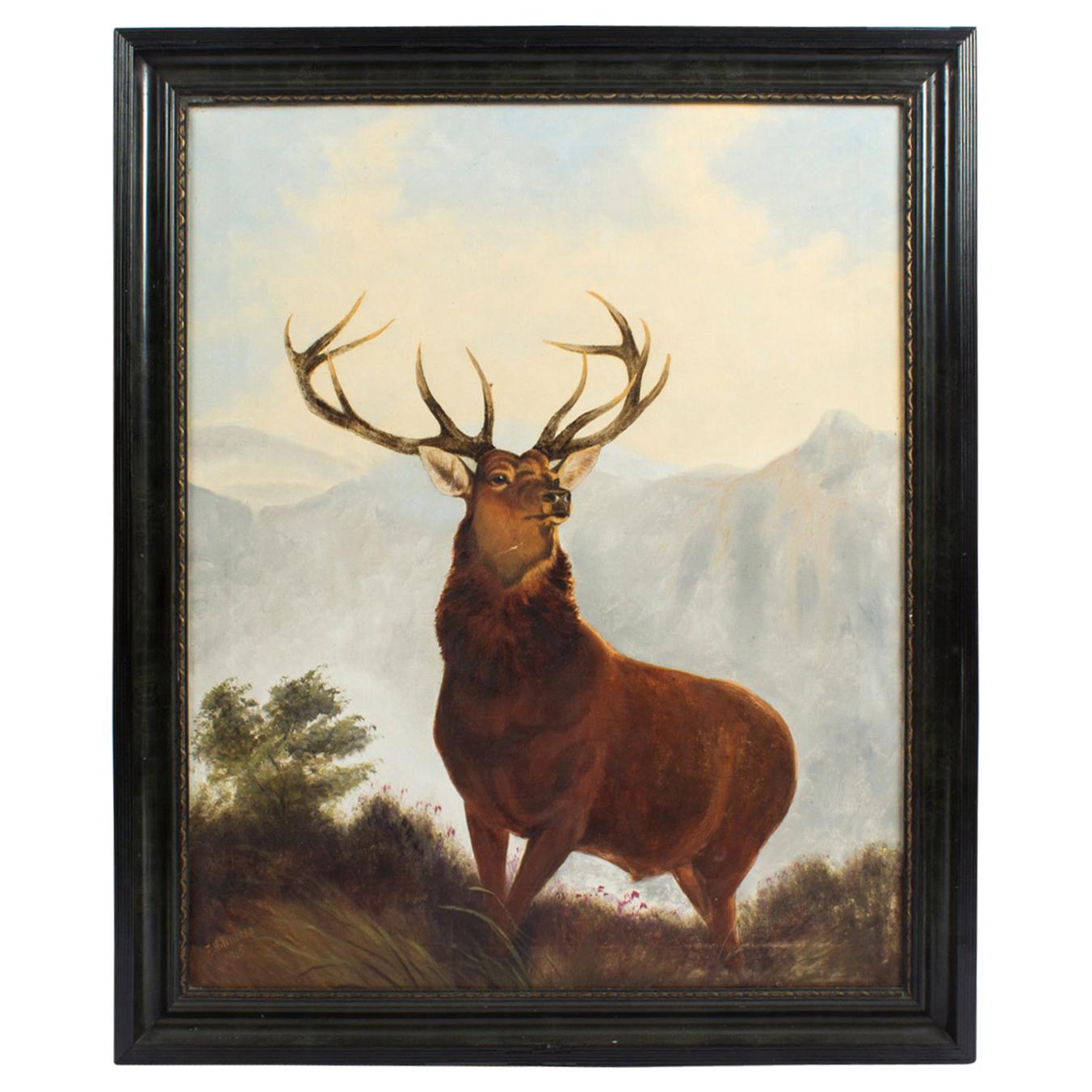 Antique Oil Painting Stag by Edward Henry Windred Signed and Dated 1915