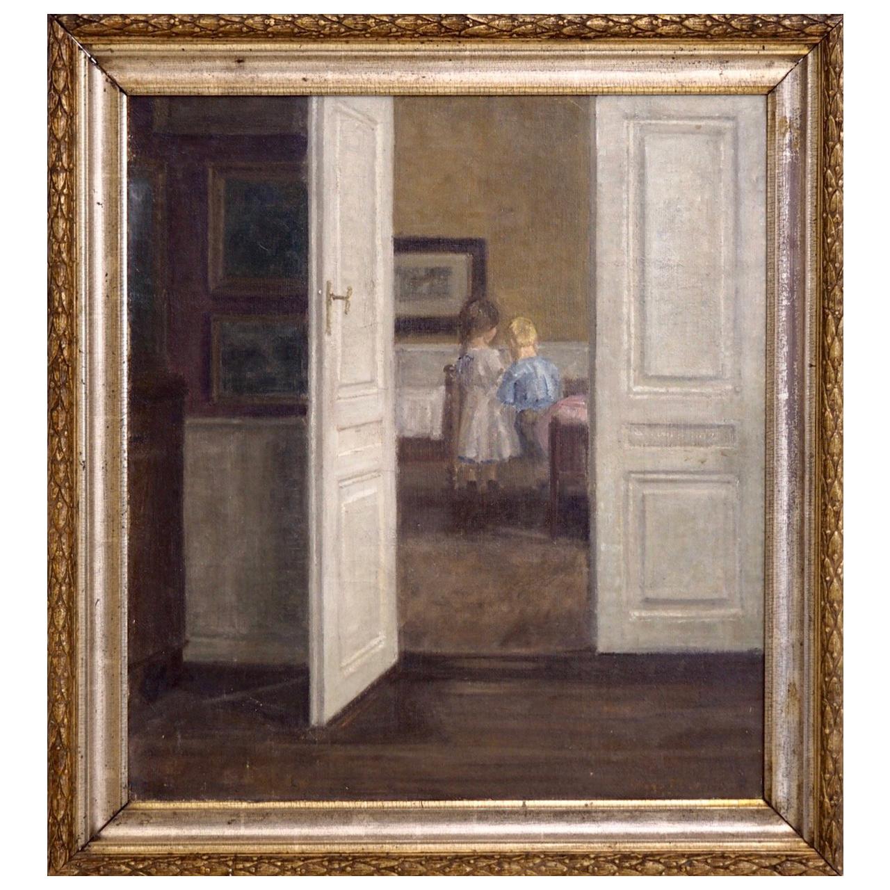 Important Interior Painting of Boy and Girl, Style of Wilhelms Hammershøj