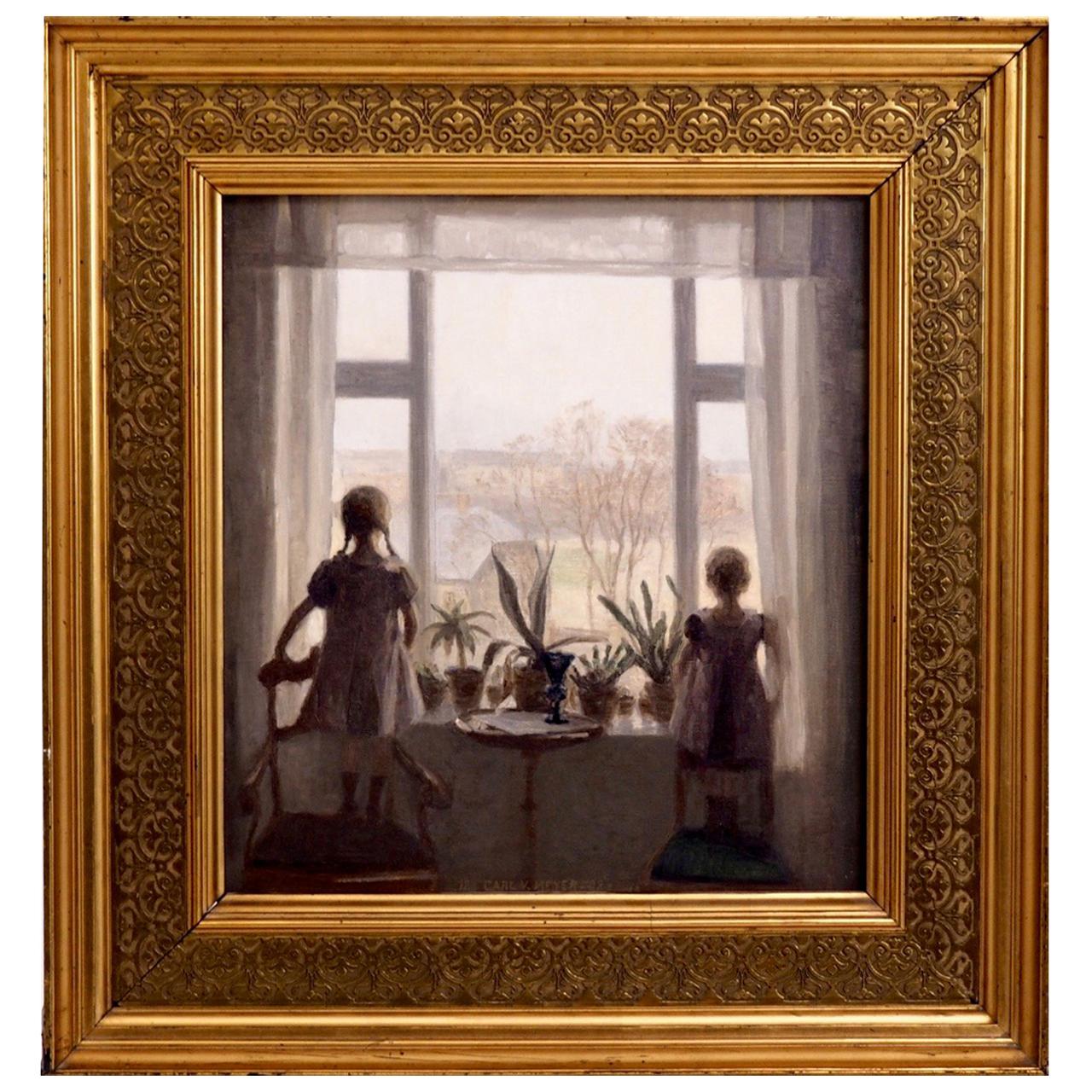 Charmante peinture d'intérieur de deux enfants, signée "Carl V. Meyer '08"