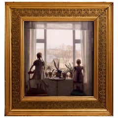 Affascinante dipinto d'interni di due bambini, firmato "Carl V. Meyer '08".