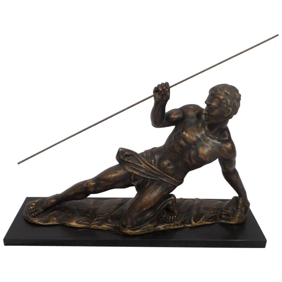 Art Deco Spear Thrower Powerful Male Figure, Bronzed Plaster Marble Base For Sale