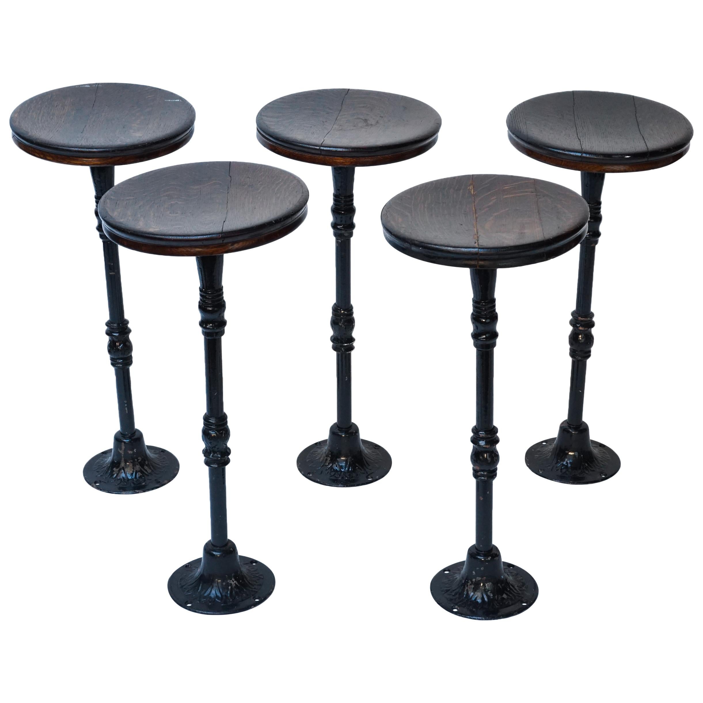 Set of Five Early 20th Century Industrial Oak and Cast Iron Stools