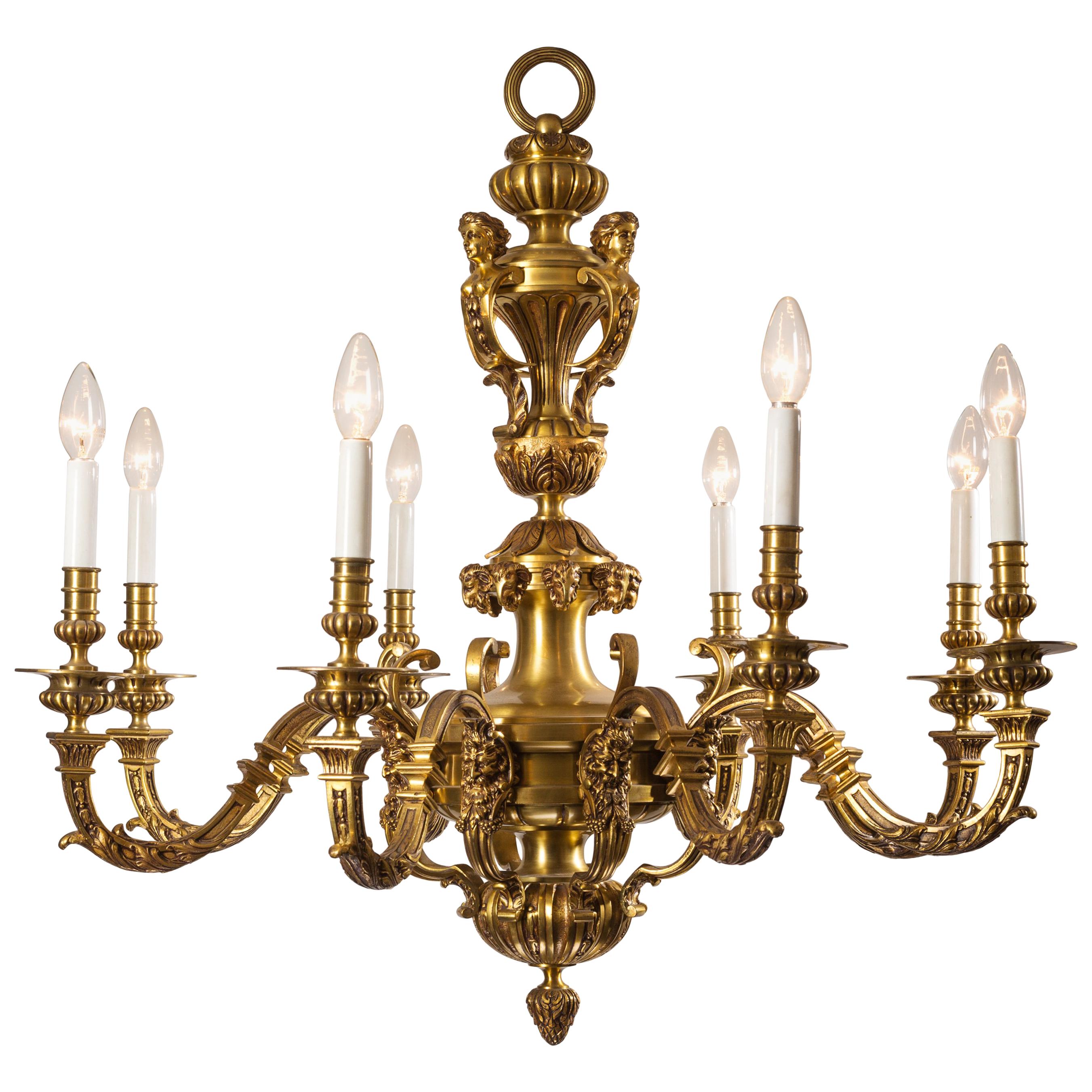 19th Century French Brass 8-Light Chandelier in Style of André-Charles Boulle