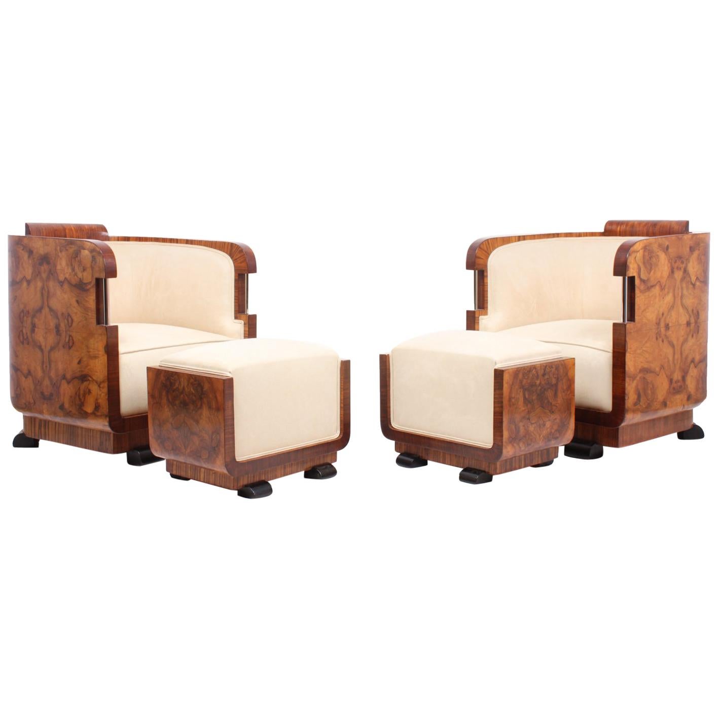 Pair of Italian Art Deco Armchairs and Stools