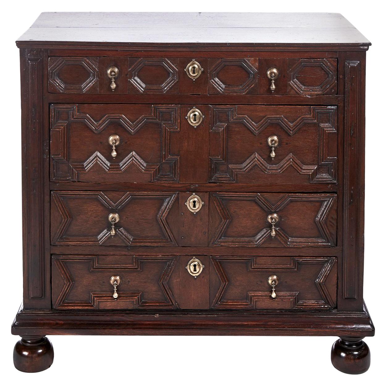 Antique English William & Mary Jacobean Oak Paneled Geometric Chest of Drawers For Sale