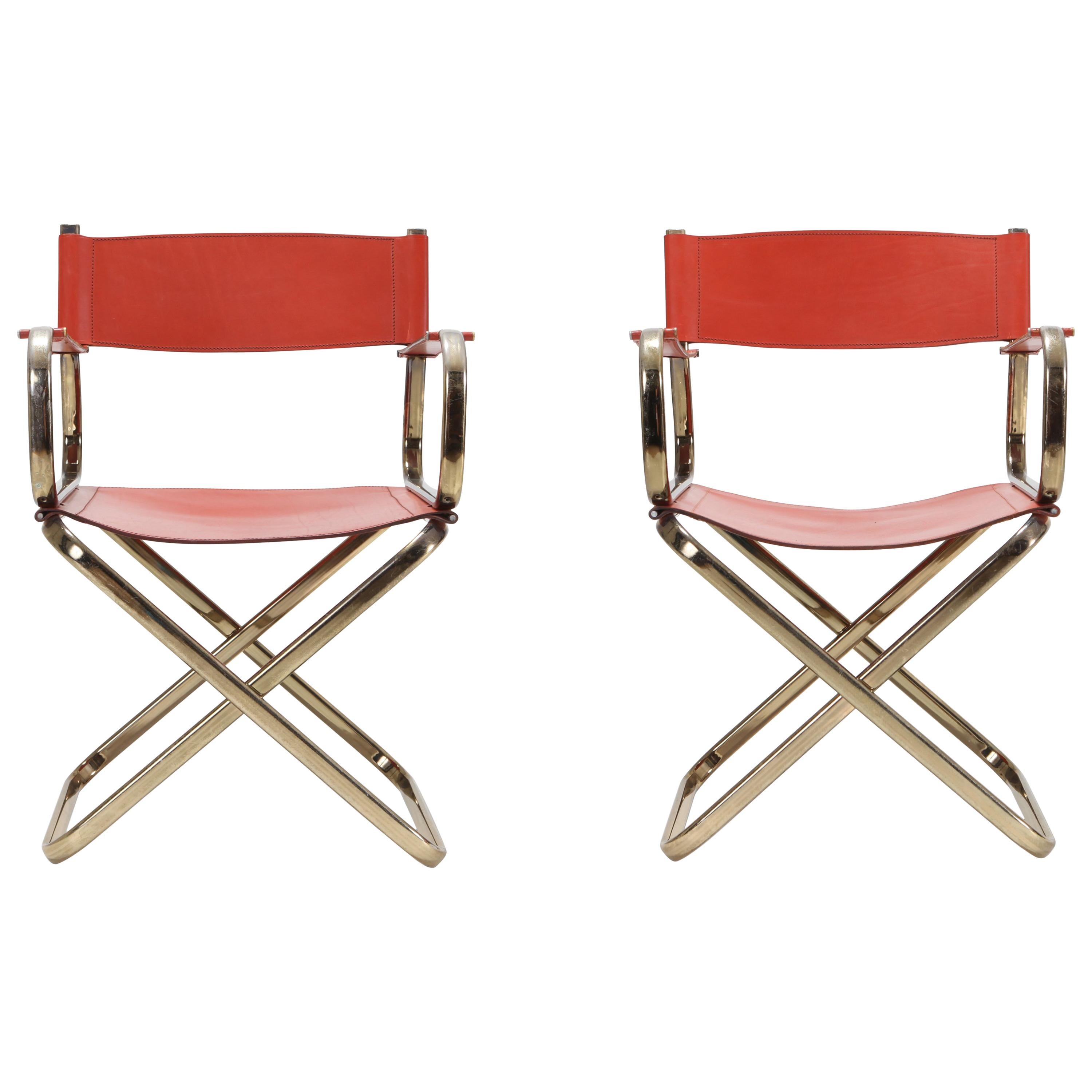 Mid-Century Modern Arrben Directors Chairs in Brass and Red Leather