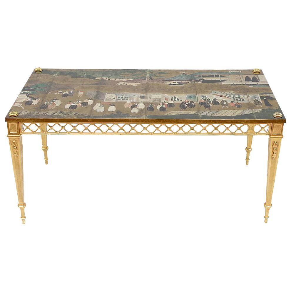 Gilt Bronze Coffee Table and Chinese Style Wallpaper Top, circa 1970