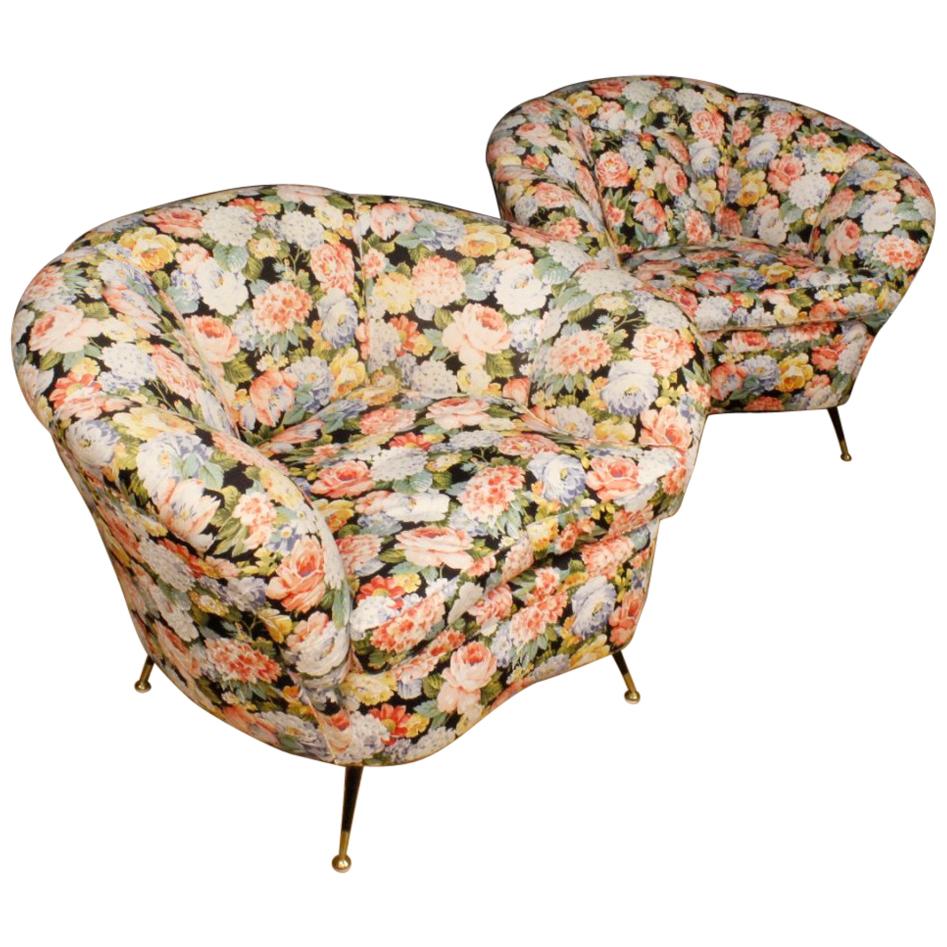 20th Century Floral Fabric Italian Pair of Design Armchairs, 1960