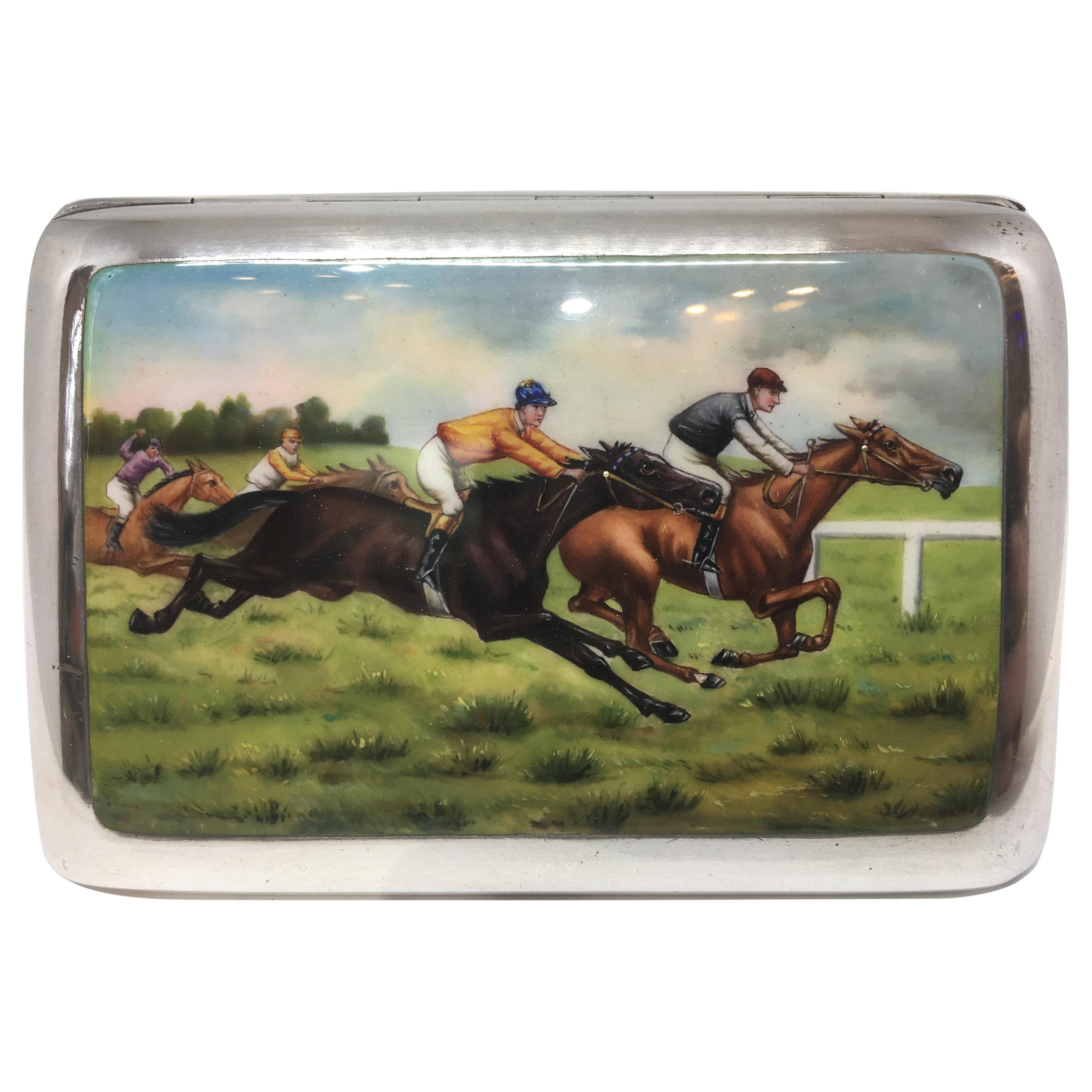 Art Deco Hand Painted Enamel Horse Racing Themed Silver Cigarette Case For Sale