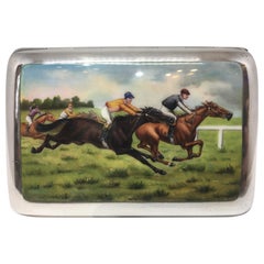 Antique Art Deco Hand Painted Enamel Horse Racing Themed Silver Cigarette Case